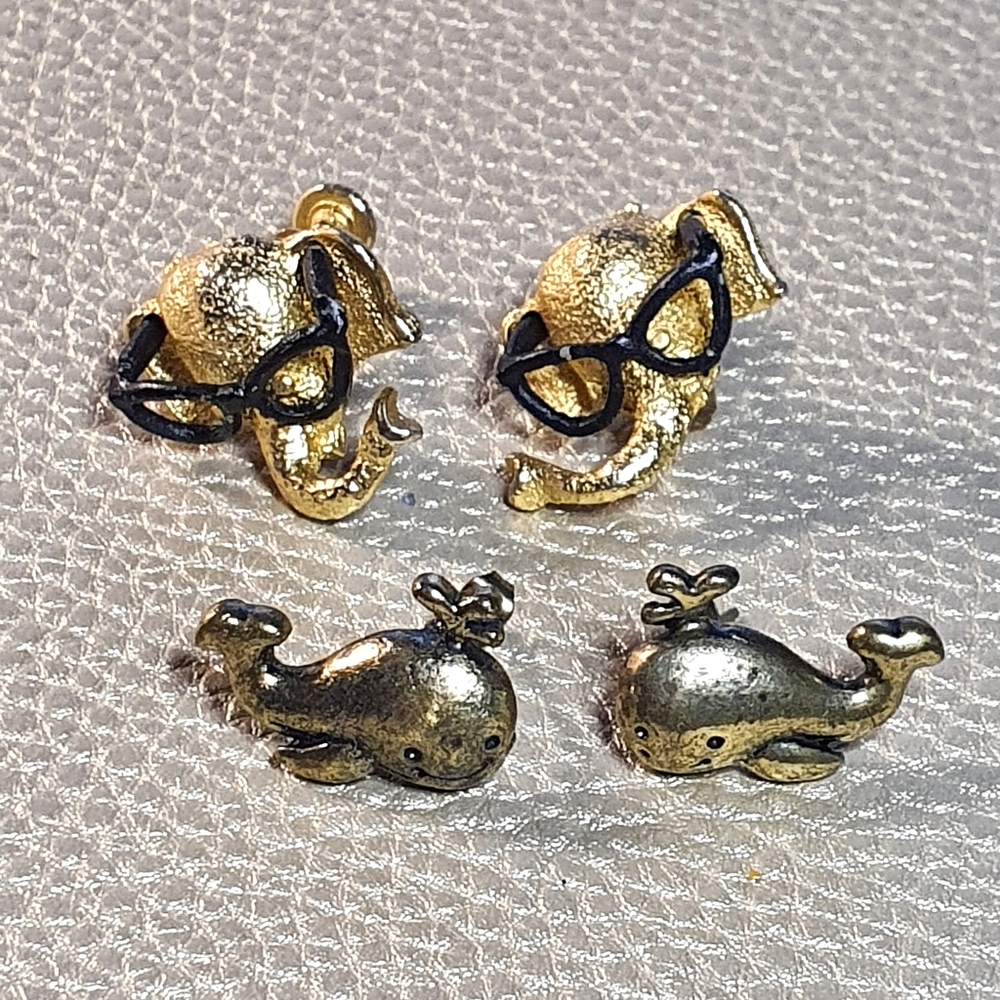 Bundle of 2 Goldtone Elephant & Whale Earings